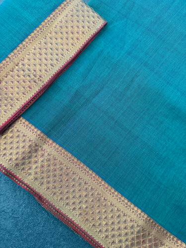 Handwoven Mangalgiri Cotton Saree | Peacock Blue Green | Gold Zari | Handwoven | Ships from California